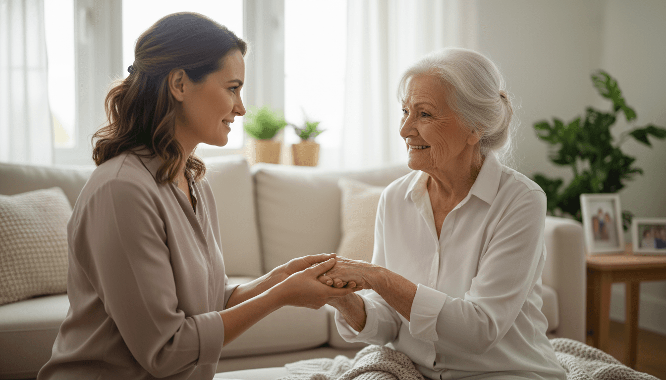 A caregiver and a smiling senior holding hands together at home
